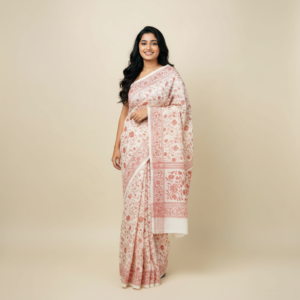 Cotton lenin Saree - White & Red