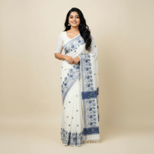Cotton lenin Saree - White & Blue
